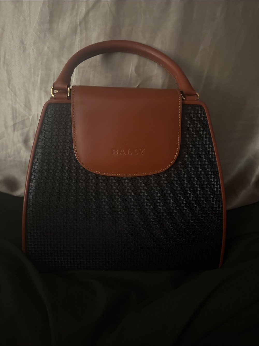 Bally Brown Leather Top Handle Bag with Black Textured Body